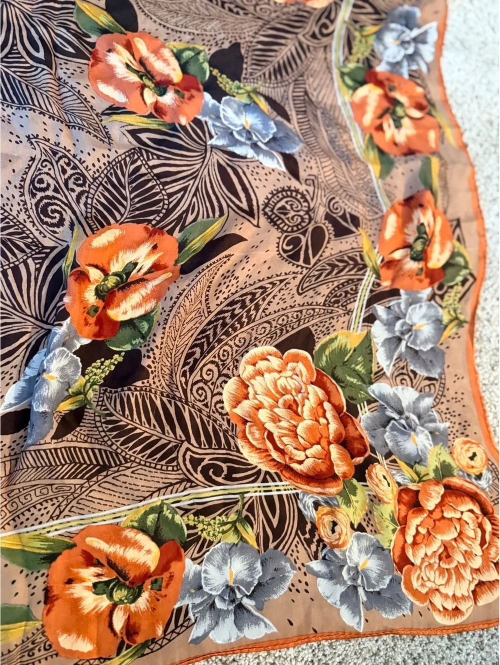 Oscar de la Renta Floral Silk Scarf with Orange and Gray Flowers
